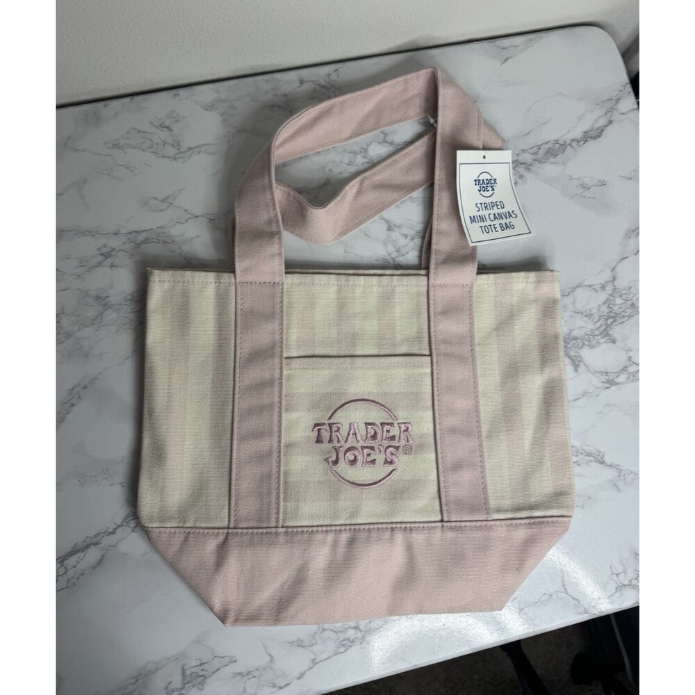 Trader Joe's Striped Mini Canvas Tote Bag Reusable Beige/Pink